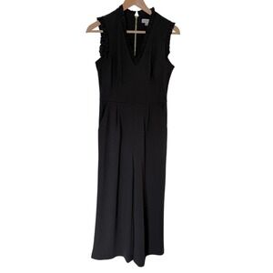 Calvin Klein Jumpsuit Women 6 Black Good Ruffle V-Neck Wide Leg Exposed Zipper